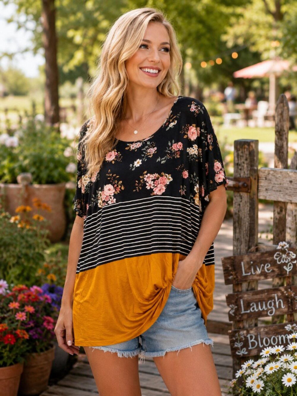 Maurices Floral & Mustard Striped Color Block Knotted Short Sleeve Top